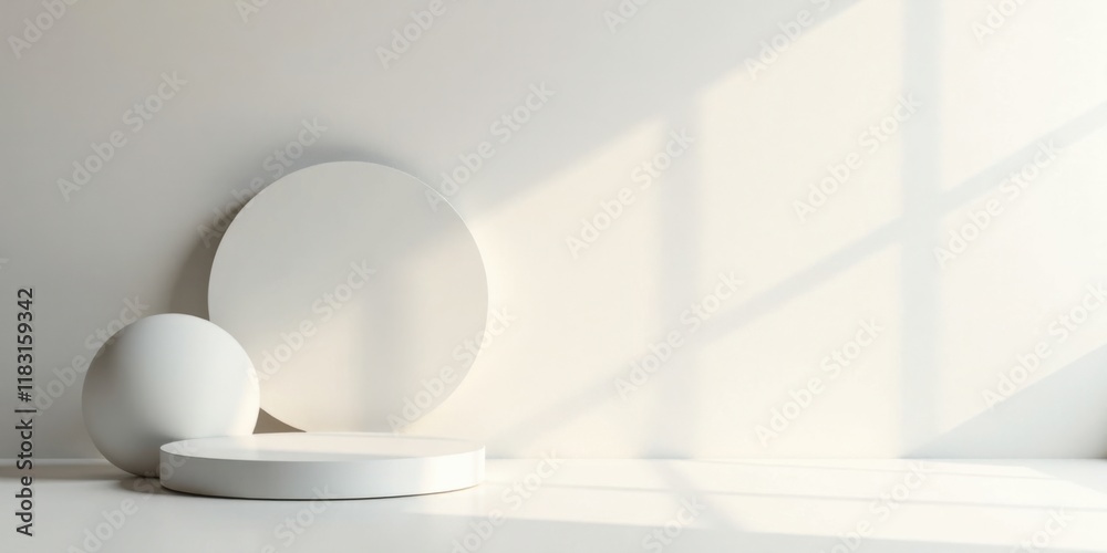 Poster minimalist white product display with geometric shapes and sunlight shadows