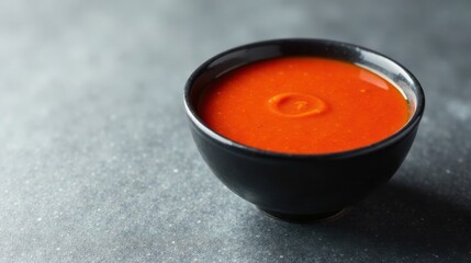 A vibrant red soup in a dark bowl on a textured surface