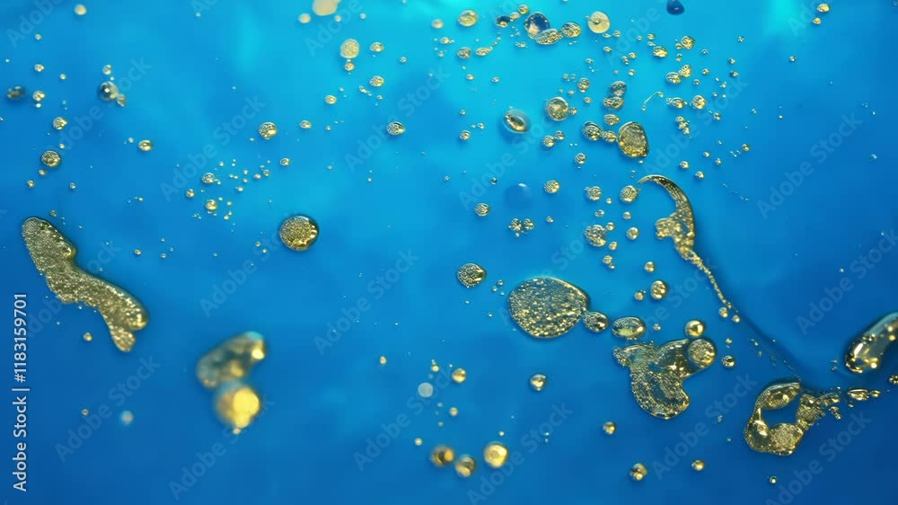 Poster Dynamic drops of yellow glitter in blue oil or ink diffusing through water, creating an abstract aquatic swirls
