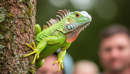 Naklejka premium vibrant iguana climbing tree, showcasing its bright green scales and distinctive features, surrounded by blurred figures in background