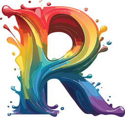 A 3D splash of the letter "R" in the style of a rainbow. 