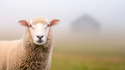 Fototapeta premium sheep stands in misty pasture, showcasing its fluffy wool and curious expression. soft fog creates serene atmosphere, enhancing peaceful rural setting