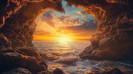 A picturesque heart-shaped cave opening overlooking the ocean, bathed in the golden light of sunset, offering a peaceful and romantic scene