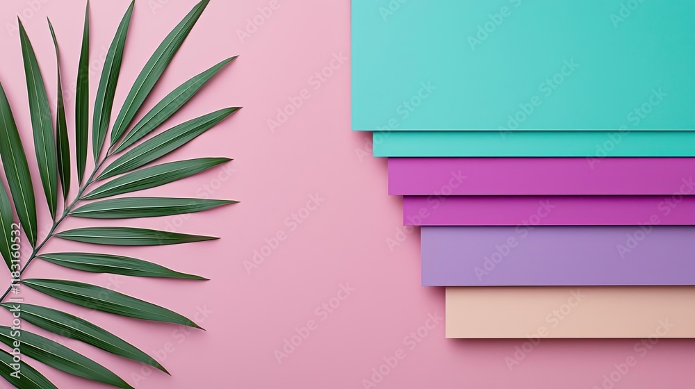 Poster layer abstract background concept. aesthetic paper sheets arranged with a green palm leaf on a pink 