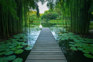 Wooden pathway crossing a serene lily pond
