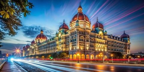 Obraz premium Majestic Mumbai Landmark: Long Exposure Taj Mahal Palace Hotel Night Photography