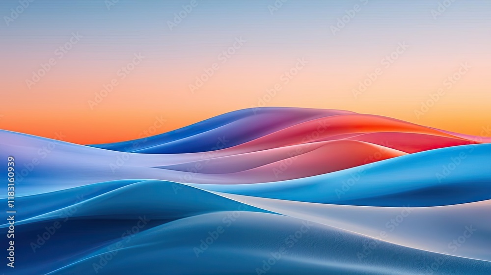 Poster Layer abstract background concept. Elegant abstract landscape with flowing waves in vibrant pastel colors at sunset.