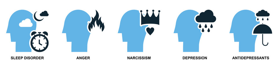 Psychology Icon Set: Sleep Disorder, Anger, Narcissism, Depression, and Antidepressants – Mental Health Concept Vector Illustration
