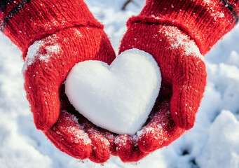 Close-Up of Red Woolen Gloves Holding Snow-White Heart on Snowy Background, Symbolizing Love and Valentine's Day.