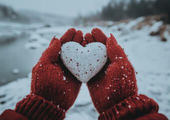Close-Up of Red Woolen Gloves Holding Snow-White Heart on Snowy Background, Symbolizing Love and Valentine's Day.