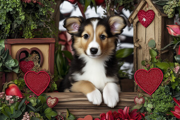 A sweet collie puppy lounges in a country garden, surrounded by soft blooms, rustic Valentine hearts, and the warmth of outdoor charm.