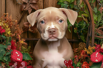 This adorable puppy rests in a rustic setting with wood textures, iron details, and elegant fake plant decor, blending warmth with country style charm.