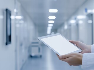 Mockup tablet with blank white screen, A person holding a tablet in a hallway of a medical or clinical setting, Concept for healthcare, technology, digital records, Generative AI
