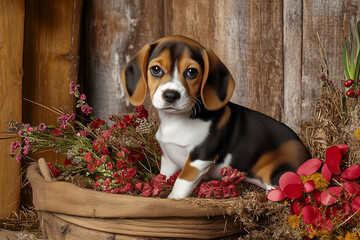 This sweet beagle pup poses in a rustic wood basket. It's surrounded with pretty dried plants in a cozy country style that radiates love and charm.