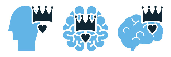 Narcissism Psychology Icon Set: Vector Illustrations Featuring Crown, Heart, and Brain Representing Narcissistic Traits and Ego-Centric Behavior