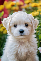A pretty Maltese puppy poses for a portrait in a beautiful flower garden.
