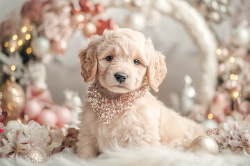This sweet pup enjoys the finer things, nestled in a lavish scene with soft fabrics and an opulent backdrop fit for royalty.