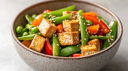 Sesame Tofu Stir Fry with Peas and Peppers