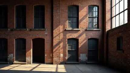 Fototapeta premium Sunlight Illuminates a Brick Building's Interior with Numerous Windows and Doors