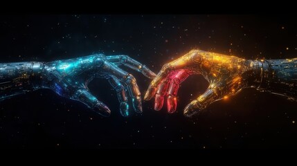 Robotic hands reaching out in digital space.