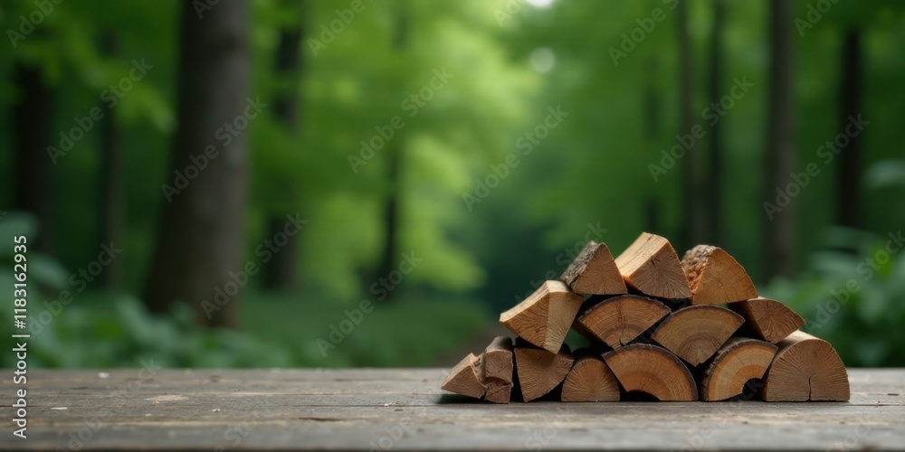 Poster stacked firewood on a rustic wooden surface with a blurred forest background
