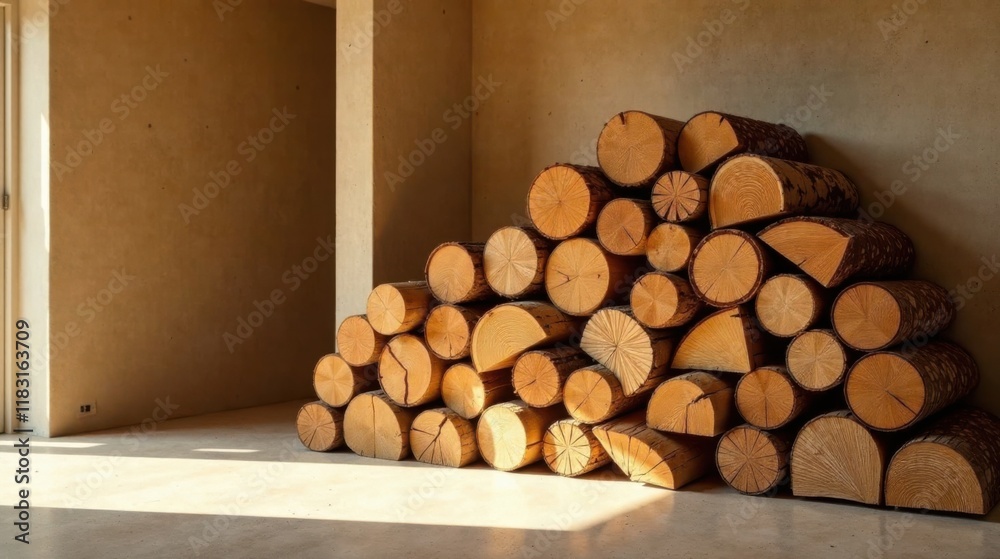 Poster sunlight illuminates a stack of neatly arranged firewood logs in a modern minimalist interior