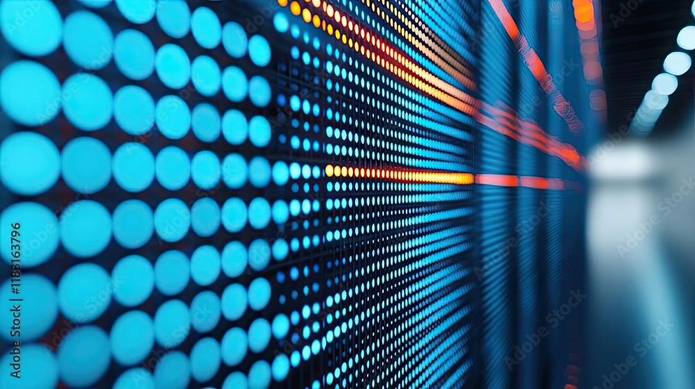 Poster Dots abstract background idea. Abstract illuminated digital wall with vibrant blue and orange light patterns.