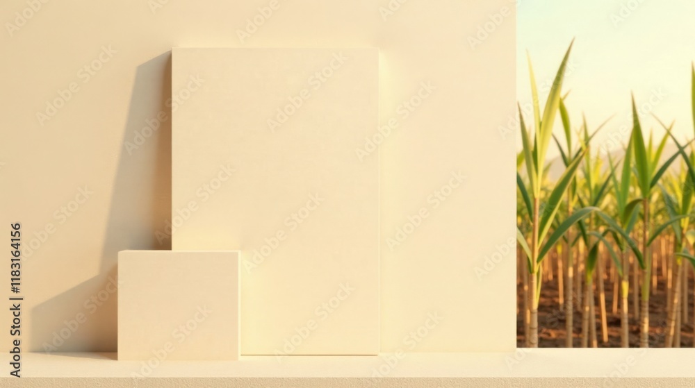Aufkleber cream-colored display with blank vertical and horizontal panels, showcasing a field of plants in the