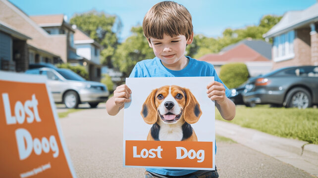 young boy is putting up Lost Dog posters on sunny street, showing concern for his missing pet. bright colors of posters stand out against neighborhood backdrop