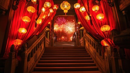 Obraz premium A staircase lit by soft golden lights, adorned with red lanterns and curtains, revealing a colorful fireworks display celebrating Chinese New Year