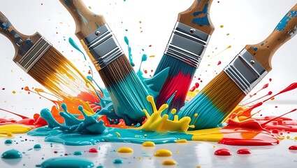 Four paintbrushes are shown with vibrant paint splatters below, showcasing a creative and artistic theme
