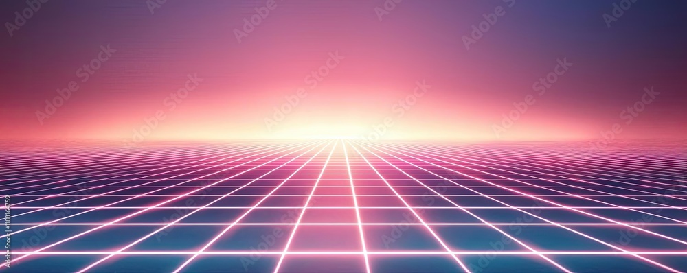 Poster Matrix abstract background idea. A vibrant digital landscape with a grid pattern under a pink and purple gradient sky.