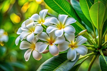 Tiny plumeria blossoms, vivid green leaves, miniature garden scene.