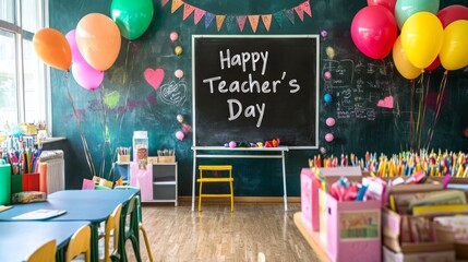 Colorful Classroom Celebration for Teacher's Day with Balloons, Chalkboard, and Craft Supplies Creating a Festive and Inspiring Learning Environment for Students