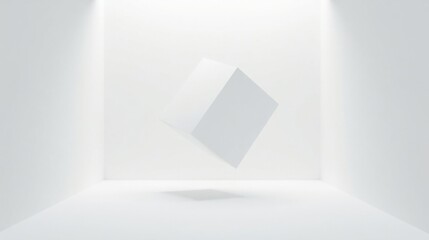 Floating Cube in a Minimalist White Room Setting