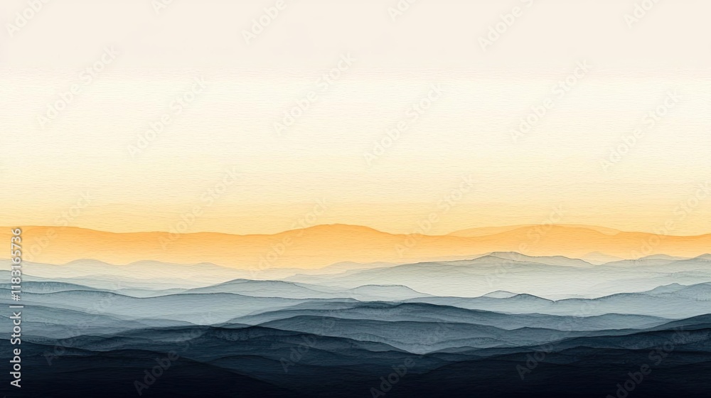 Poster Watercolor abstract background concept. Serene mountains under a soft, gradient sky at dusk with warm and cool tones blending.