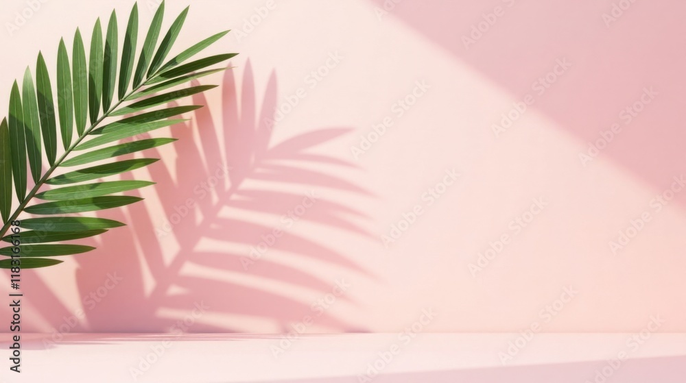 Poster pink backdrop with tropical leaf and shadow for product display