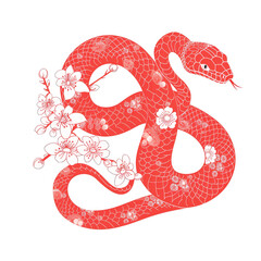 A red snake with white cherry blossoms wrapped around it.