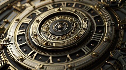 Close up view of an intricate precision engineered vintage clockwork mechanism with brass details and classic Roman numerals
