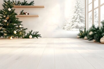 Fototapeta premium Minimalist Christmas Room Decor, White Wood Floor - Minimalism