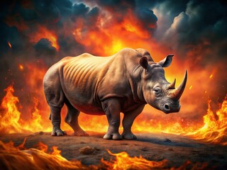 Fototapeta premium Majestic Rhino in Fiery Inferno: Dramatic Landscape Stock Photo