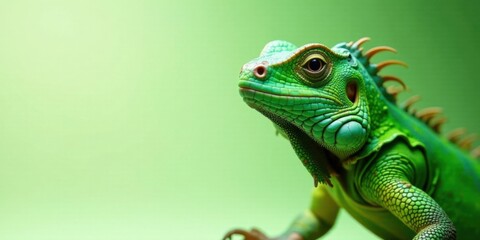 Fototapeta premium Vibrant Green Lizard Portrait Against a Solid Background