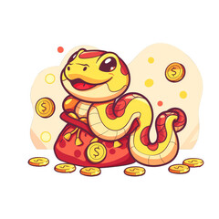 Naklejka premium A cute cartoon snake holding a money bag with coins around it.