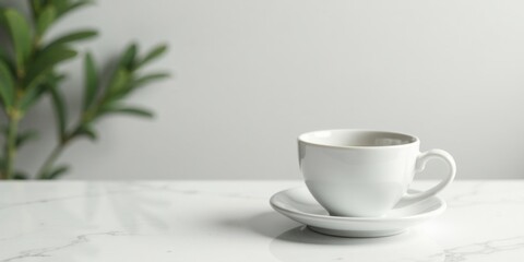 Obraz premium A single cup of coffee sits on a saucer atop a marble surface