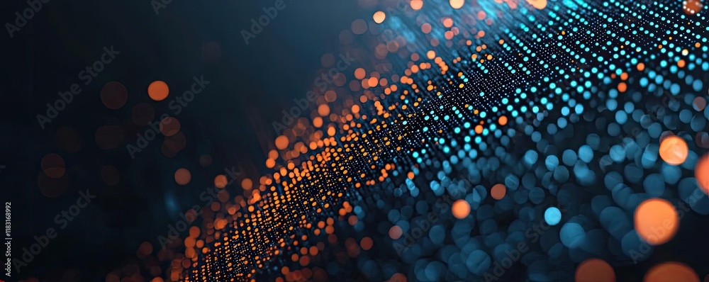 Poster Dots abstract background idea. Abstract digital background with glowing particles in blue and orange tones.