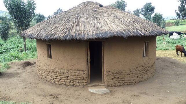 Traditional Ethiopian tukul house made of mud and straw, nestled in rolling hills, grazing livestock nearby 