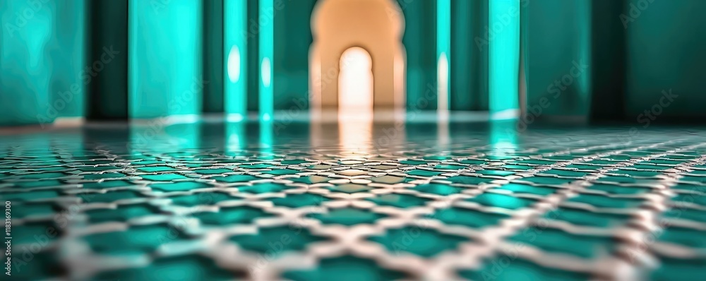 Poster floor abstract background concept. a vibrant mosaic floor leading to an architectural archway in an 
