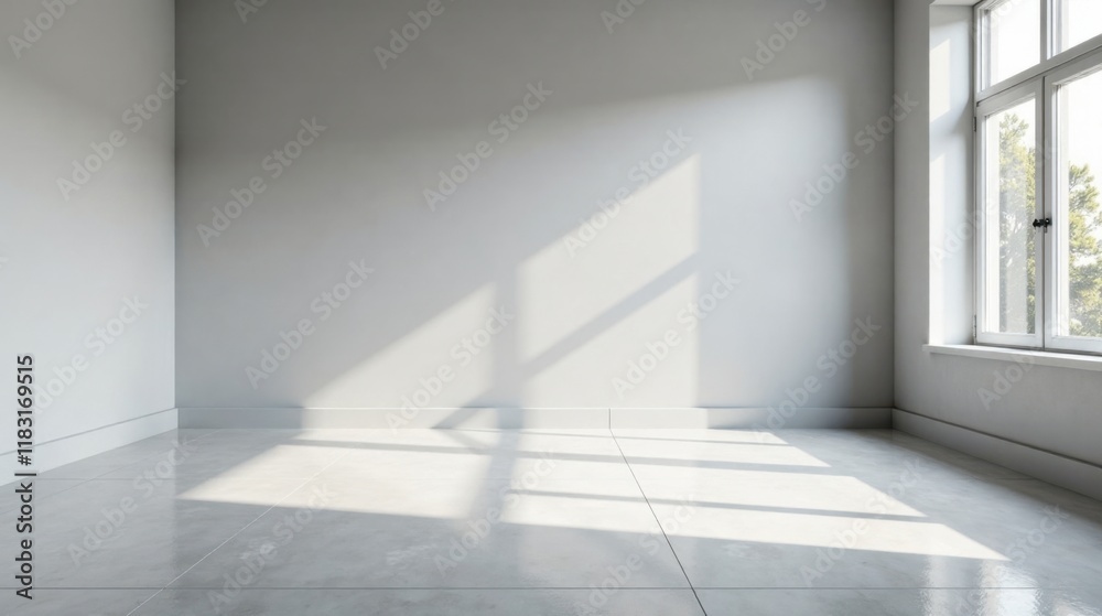 Poster empty room with sunlight streaming through window and light grey floor