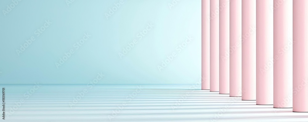 Poster Floor abstract background concept. Modern architectural design featuring pink columns in a serene blue environment.