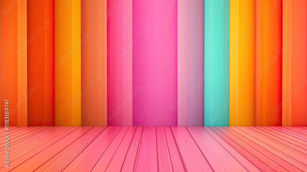 Poster floor abstract background concept. a vibrant backdrop featuring colorful vertical stripes and a wood